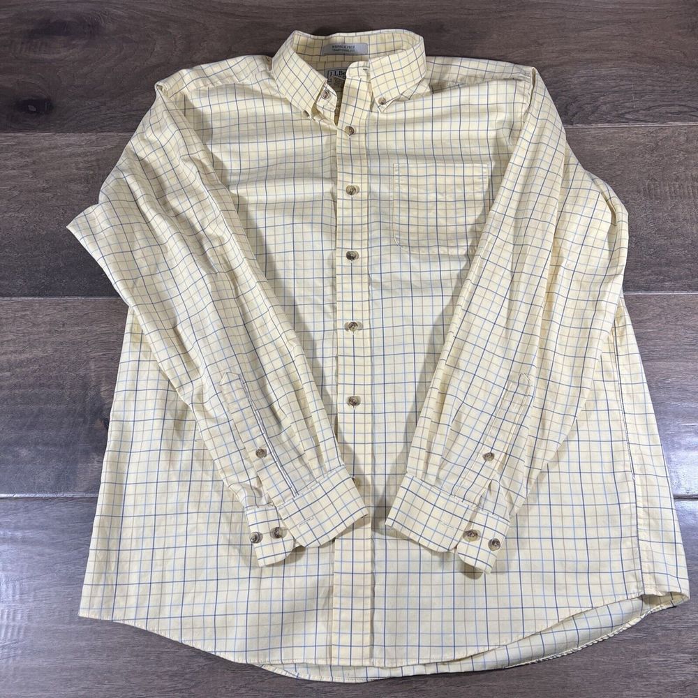 LL Bean Mens Shirt L Button Down Long Sleeve Yellow Plaid Wrinkle Resistant